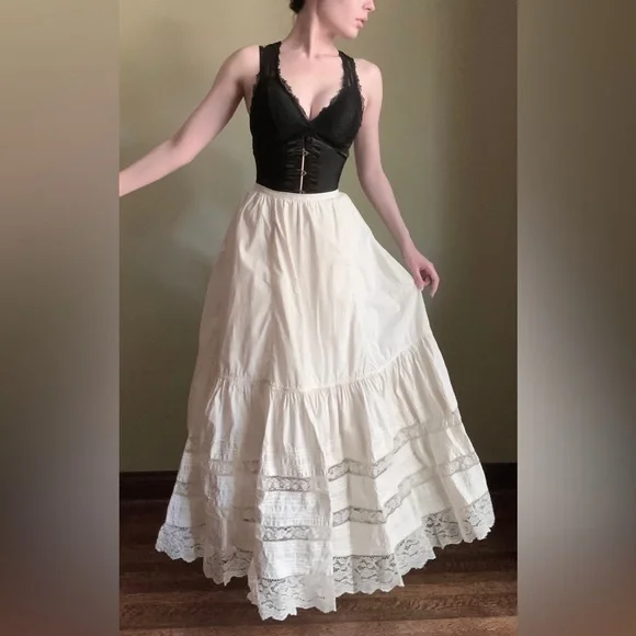 Antique Tiered Petticoat, Full Length Lace Skirt, Corset Waist - Picture 1 of 12